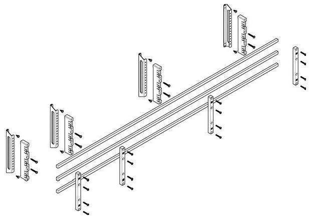 Eine Explosionszeichnung, die zwei parallele Schienen mit Halterungen und Schrauben zur Montage zeigt. Die Halterungen sind vertikal entlang der Schienen positioniert.