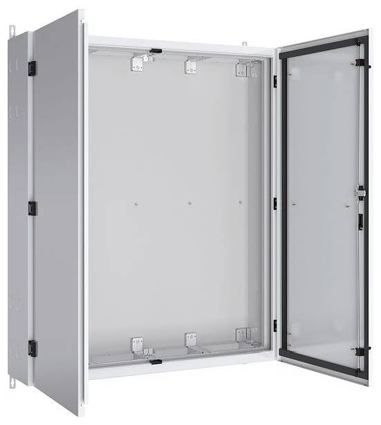 Ein großes, offenes elektrisches Gehäuse, das Innenmontageplatz und Scharniere zeigt, geeignet zur sicheren Unterbringung von elektrischen Komponenten.