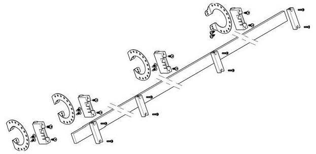 Diagramm mit Montageanleitung für ein Regalsystem mit schrittweiser Platzierung von Halterungen und Schrauben entlang eines zentralen Trägers.