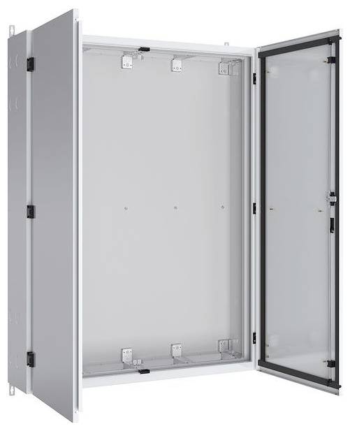 Ein offenes, leeres elektrisches Gehäuse mit einer Scharnierttür, das Montagebefestigungen im Inneren zeigt und für die Unterbringung von elektrischen Komponenten ausgelegt ist.