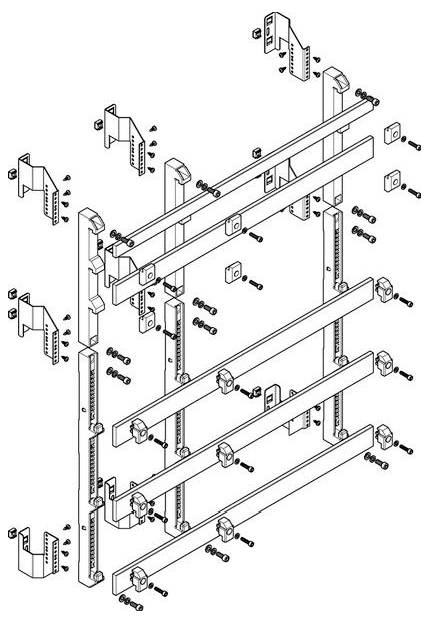 Explosionszeichnung eines Regalsystems mit Darstellung der Montageanordnung von Trägern, Halterungen und Schrauben für eine korrekte Installation.