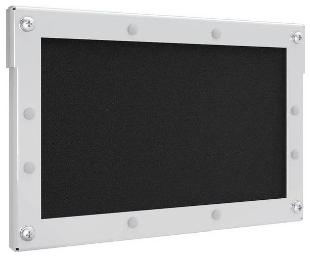 Ein rechteckiges, wandmontiertes Whiteboard mit einer schwarzen, strukturierten Schreiboberfläche, umrahmt von einem weißen Rand und ausgestattet mit runden Befestigungsschrauben.