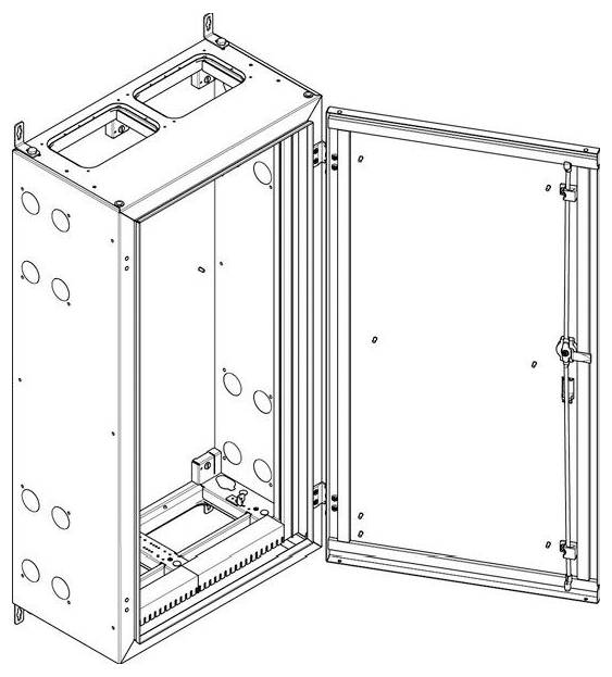 Ein offenes Metallgehäuse mit mehreren runden Ausschnitten an den Seiten, das zwei Halterungen im Inneren aufweist und eine Tür mit Scharnier zur sicheren Verschließung besitzt.