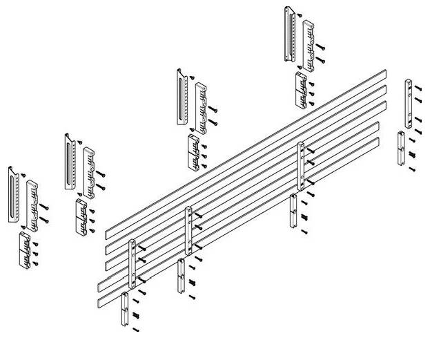 Diagramm, das eine Anordnung mehrerer langer horizontaler Balken mit vertikalen Stützen, Verbindern und Schrauben für die strukturelle Installation zeigt.