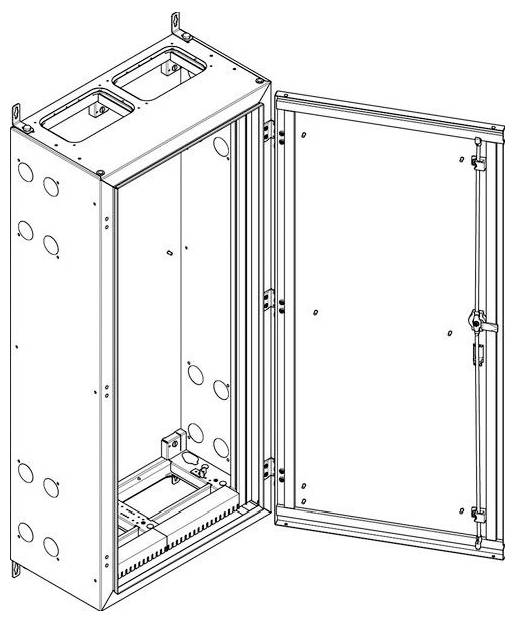 Ein offener Metallschrank mit mehreren kreisrunden Aussparungen, einer Flügeltür und internen Montagehalterungen, wahrscheinlich für elektrische oder Netzwerkausrüstung.