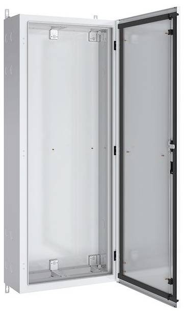 Ein offener, leerer, weißer Metallschaltschrank mit einer transparenten Tür, der den Innenraum und die Scharniere zeigt.