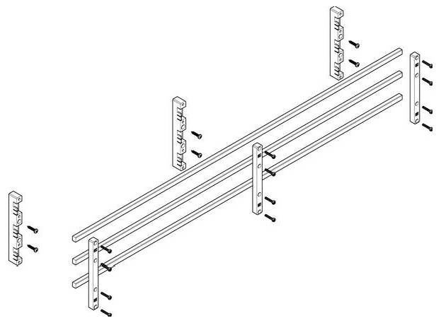 Explosionszeichnung einer Metallregalkonstruktion mit horizontalen Trägern, vertikalen Stützen und Schrauben zur Verbindung der Einzelteile.