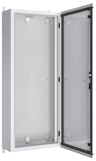 Bild eines offenen rechteckigen Metallschaltkastens mit einer transparenten Tür, an einer Wand montiert, mit einem leeren Innenraum.