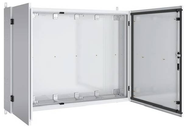 Ein offener, leerer industrieller Metallschrank mit einer transparenten Fronttür auf der rechten Seite, der die internen Verschlüsse und Befestigungspunkte zeigt.