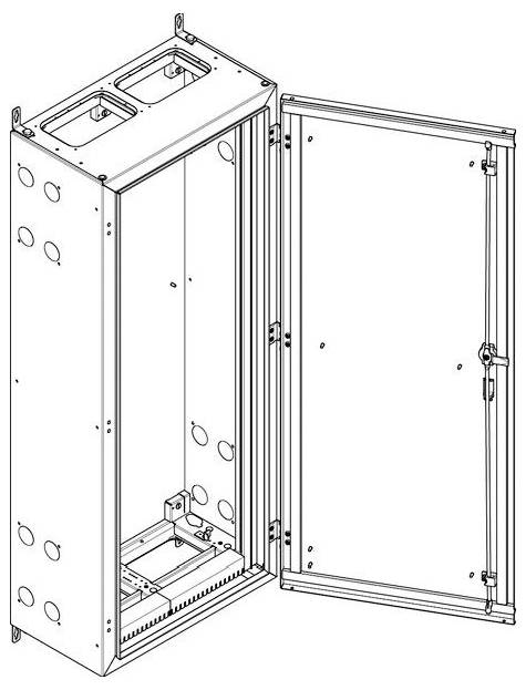 Ein offenes Metallgehäuse mit mehreren kreisförmigen Ausschnitten an den Seiten und einer Tür mit Scharnier an der Vorderseite, wahrscheinlich zur Unterbringung von elektrischen Komponenten.