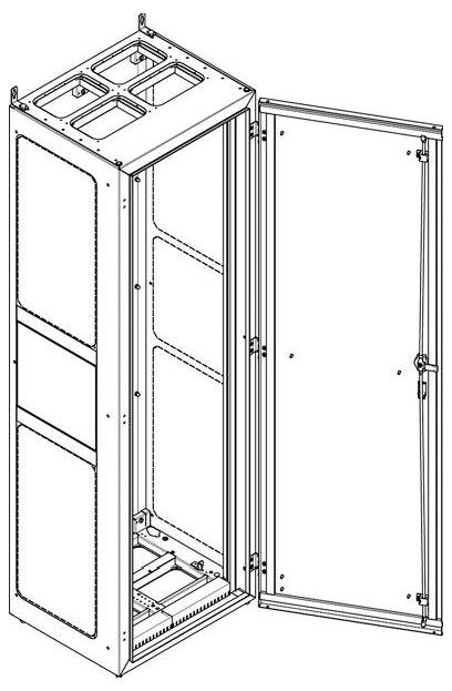 Ein offener Metallschrank mit Regalen, der zur Unterbringung von elektronischen Geräten oder Servern verwendet wird und dessen Rahmen und offene Tür detailliert zu sehen sind.