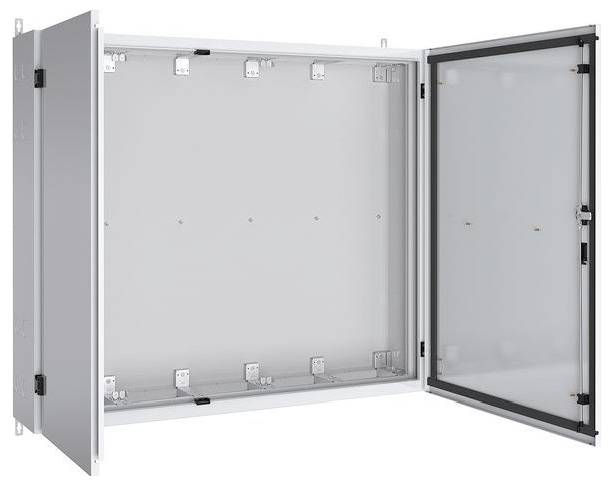 Ein offenes Metallgehäuse für Elektrik mit einer transparenten Tür, das ein leeres Inneres zur Aufnahme von elektrischen Komponenten zeigt.