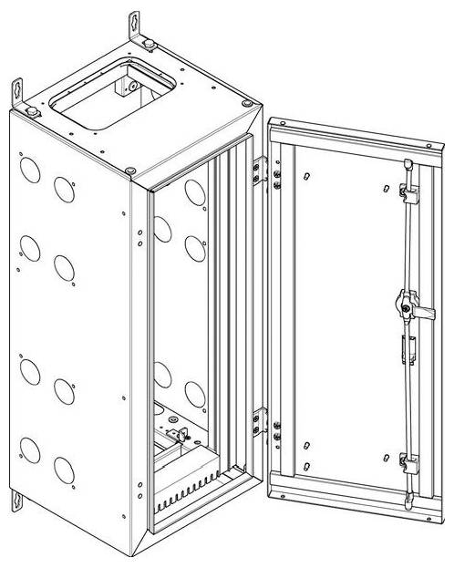 Ein elektrischer Schaltschrank mit einer offenen Tür, die interne Fächer für Verkabelung und Ausrüstungsinstallation zeigt und mehrere Zugangslöcher aufweist.
