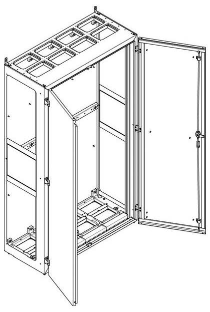 Diagramm eines Metallschranks mit geöffneten Türen und Regalen im Inneren, das Aufbewahrungsfächer zeigt.