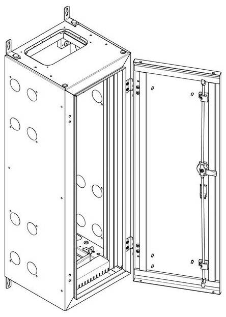 Darstellung eines offenen rechteckigen Metallschranks mit mehreren kreisförmigen Lüftungsöffnungen an den Seiten, der für die Unterbringung von elektrischen oder Netzwerkgeräten konzipiert ist.