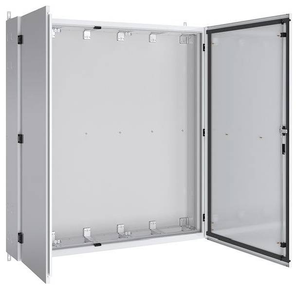 Eine offene, leere elektrische Installationsbox mit einer transparenten Frontplatte, die Montagebeschläge und Scharniere zeigt, geeignet zur Aufnahme von elektrischen Komponenten.