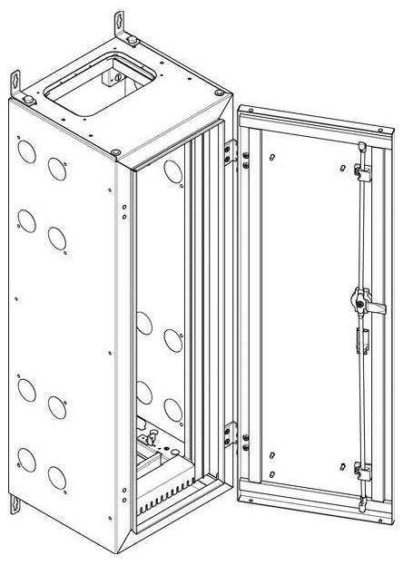 Ein offenes elektrisches Gehäuse mit einer Tür mit Scharnier, das mehrere kreisförmige Ausschnitte an den Seiten für Kabeleinführung und Montagemöglichkeiten aufweist.