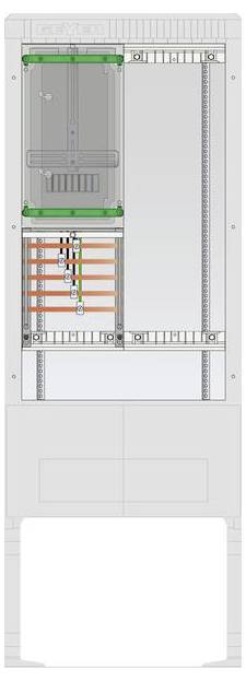 Ein Diagramm einer elektrischen Verteilungsanlage mit verbundenen Komponenten, das Sammelschienen und Verkabelung zeigt, wahrscheinlich zur Organisation oder Verteilung elektrischer Energie.