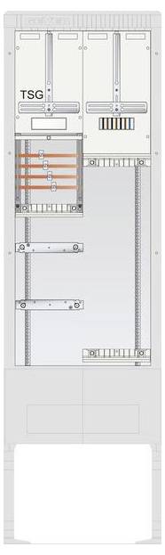 TSG-beschriftete Industrietafel mit mehreren horizontalen und vertikalen Abschnitten, Anschlüssen und Kabeln, wahrscheinlich Teil eines elektrischen Systems.