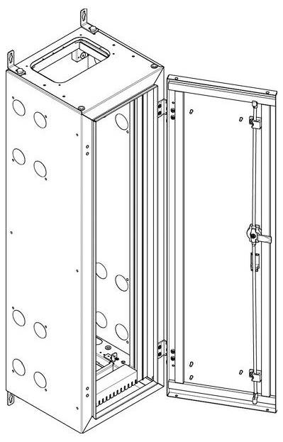 Ein hoher elektrischer Schaltschrank mit offener Tür, der Montageplatte und runde Aussparungen an der Seite für Kabeleinführung zeigt. Wesentlich für die Unterbringung elektrischer Komponenten.