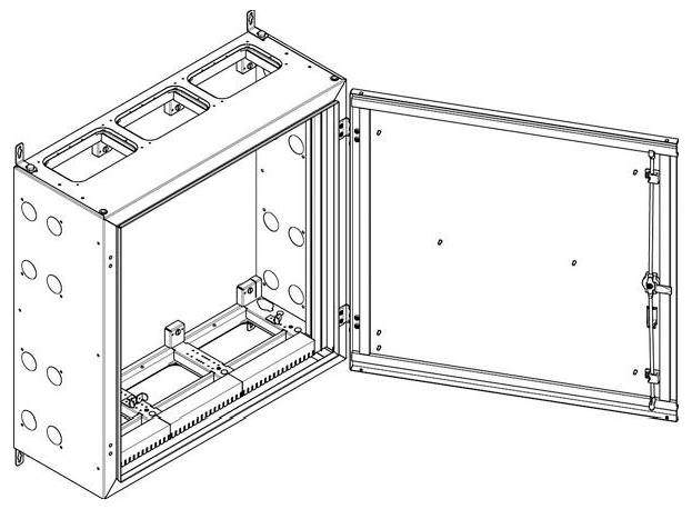 Eine Linienzeichnung eines leeren wandmontierten metallischen Elektroverteilerkastens mit einer offenen Vordertür, die Kabeleinführungspunkte und Befestigungsbügel zeigt.