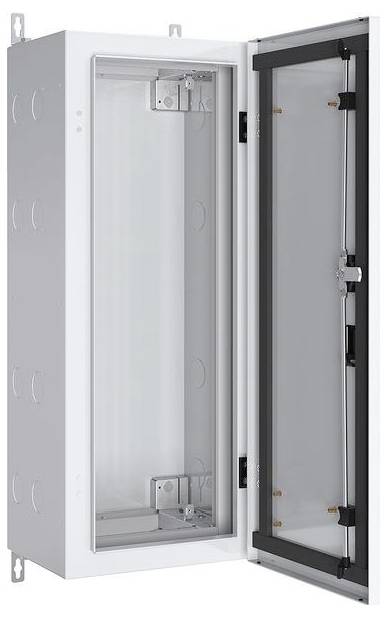 Eine offene elektrische Schalttafel auf weißem Hintergrund, die Innenkompartimente und Scharniere zeigt und für die Aufnahme von Schaltkreiskomponenten ausgelegt ist.