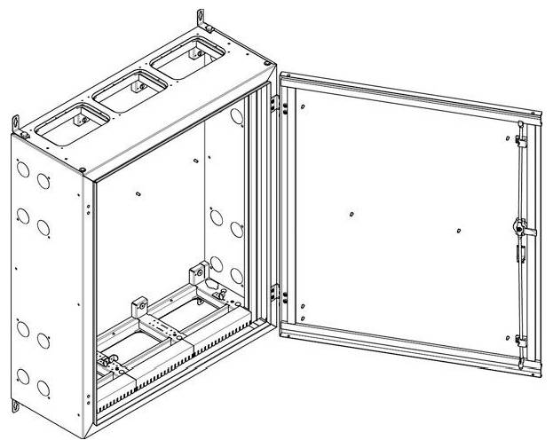 Eine offene Metallgehäusebox mit mehreren Ausschnitten für Kabelführung, ausgestattet mit einer Tür mit Scharnier auf der rechten Seite, konzipiert zur Unterbringung von elektrischen Komponenten.