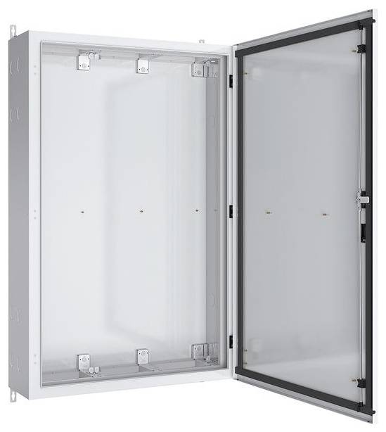 Ein offenes elektrisches Gehäuse mit einer transparenten Tür, das einen geräumigen Innenraum mit Montagehalterungen offenbart und sich zur Unterbringung von elektrischen Komponenten eignet.