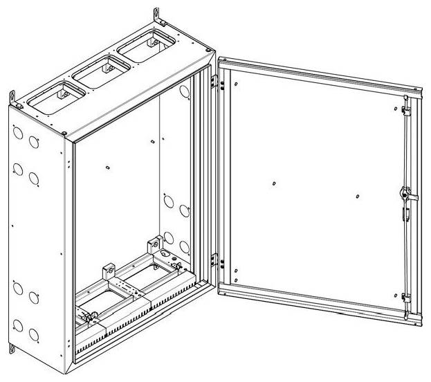 Linienzeichnung eines offenen Stahlschaltschranks mit Befestigungshalterungen und Kabeleinführungspunkten, die die interne Rahmenstruktur zeigt.