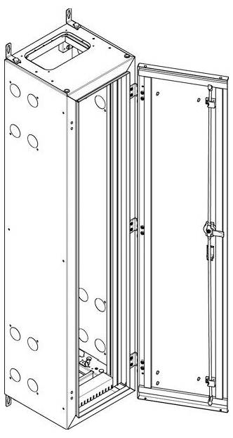 Ein offener Metallschrank mit seitlichen Belüftungslöchern, der Platz im Inneren für elektrische Komponenten, Scharniere und einen Verschlussmechanismus an der Tür zeigt.