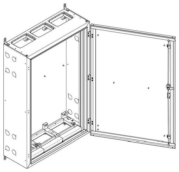 Offenes Metallgehäuse mit einer Tür mit Scharnier, das Montagebefestigungen im Inneren zeigt. Geeignet für die Unterbringung von elektrischen oder Telekommunikationsgeräten.