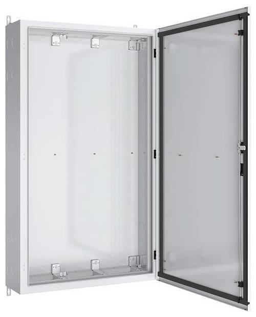 Ein leerer, offener Wandschrank für Elektrik mit einer transparenten Tür, der Montagebefestigungen im Inneren zeigt.