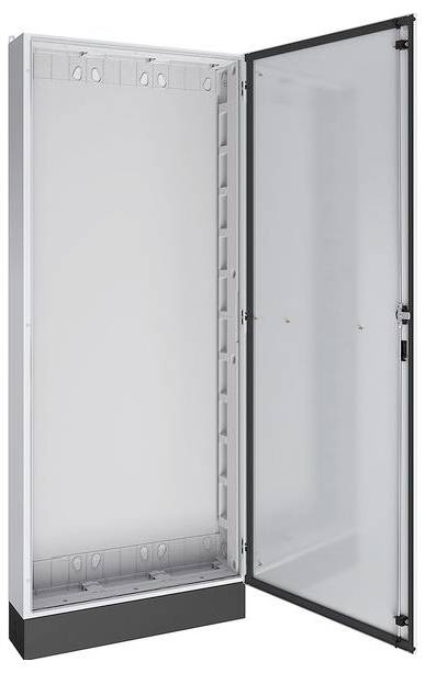 Ein grauer, leerer Metallschrank mit einer offenen Seite, der einen geräumigen Innenraum mit Montageschlitzen an den Seiten und einer massiven Tür freigibt.