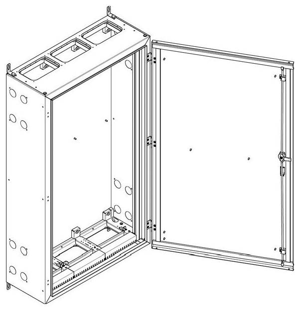 Ein offenes Metallgehäuse mit Befestigungsbügeln und Löchern für Kabeleinführung, versehen mit einer Scharnierttür für den Zugang.
