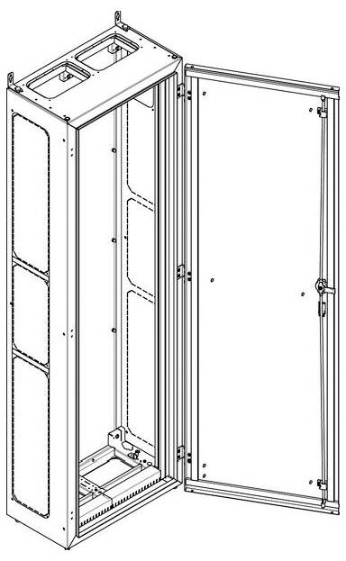 Servergestell mit einer offenen Seitenwand, das die leere Innenstruktur zeigt.