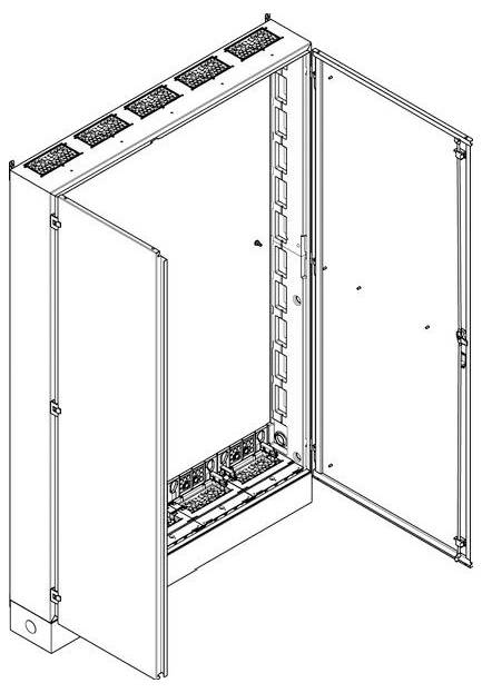 Ein offener Elektroschrank mit sichtbaren Fächern, Kabelführungsschlitzen und Lüftungsgittern an der Oberseite, konzipiert zur Organisation elektrischer Komponenten.