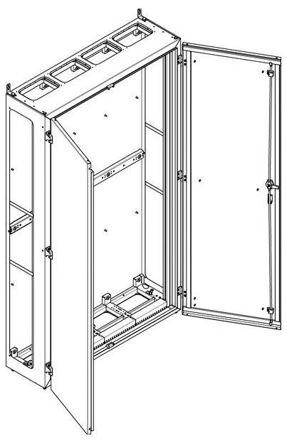 Offener Metallschrank mit leicht geöffneten Türen, der einen leeren Innenraum mit Schlitzen und Fächern zur Organisation von Ausrüstung oder Komponenten offenbart.
