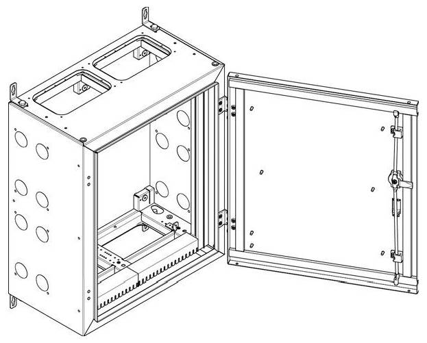 Diagramm eines rechteckigen Metallschranks mit einer Tür mit Scharnier, geöffnet, um Montagebügel und Lüftungsschlitze an Ober-, Seiten- und Unterseite freizulegen.