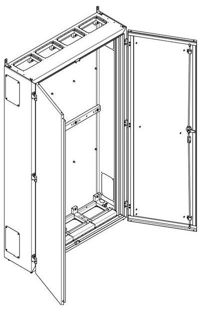 Diagramm eines offenen Elektroschranks mit Innenansicht der Anordnung, einschließlich Montageschienen und Belüftungsausschnitten, konzipiert zur Aufnahme von Ausrüstung.