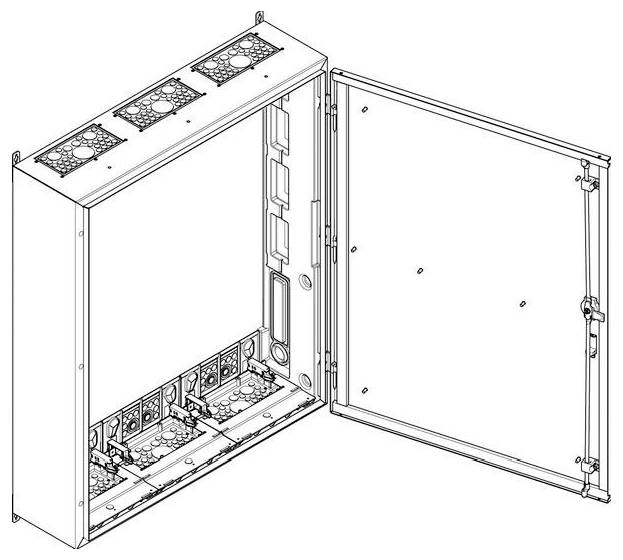 Diagramm einer offenen, wandmontierten elektrischen Schaltanlage mit Lüftungsventilatoren, mehreren Steckplätzen für Komponenten und einer Tür mit Scharnier auf der rechten Seite.