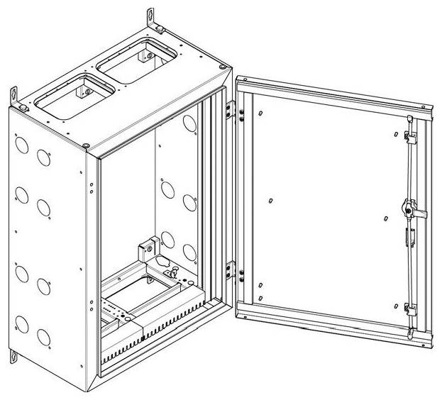 Offenes Metallgehäuse mit seitlichen Lüftungsschlitzen und Befestigungspunkten, konzipiert für die Aufnahme elektronischer Komponenten. Die Tür ist geöffnet und zeigt die Innenausstattung.