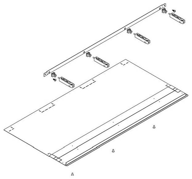 Explosionszeichnung einer Möbelmontage, die eine große Platte, vier Halterungen und einen horizontalen Streifen mit Schrauben zeigt.