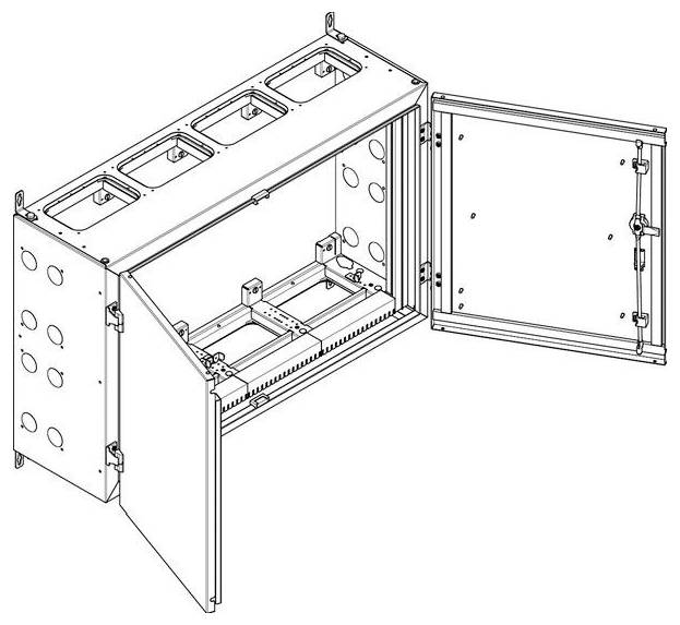 Eine technische Zeichnung eines wandmontierten elektrischen Schranks mit zwei offenen Türen an Scharnieren, die Montagebügel und Kabelführungsraum freilegen.