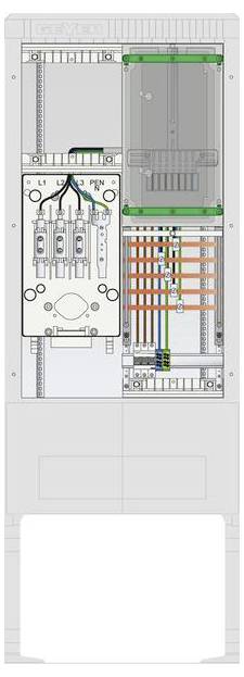 Das Bild zeigt ein technisches Diagramm einer elektrischen Schalttafel mit Verkabelung, die mit L1, L2, L3, PEN beschriftet ist und farbcodierte Kabel in verschiedenen Abschnitten aufweist.