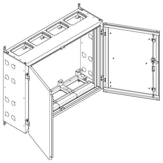 Offenes Metallgehäuse mit mehreren Fächern, das mit Klappentüren an der Vorder- und Seitenseite ausgestattet ist, wahrscheinlich zur Aufnahme von elektrischen Komponenten.