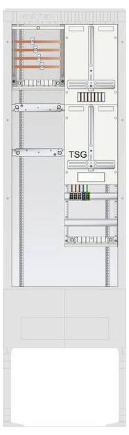 Diagramm eines Servergestells mit ordentlich arrangierten Kabeln, mit der Bezeichnung ‚TSG', mit verschiedenen Ausrüstungsmodulen und Abschnitten für Datenverwaltung.
