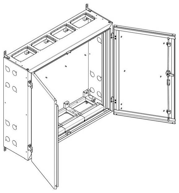 Schematische Darstellung einer offenen Elektrotafel mit Kammern für Schaltkreisslots und Verdrahtungspositionen, konzipiert für Infrastrukturanforderungen.