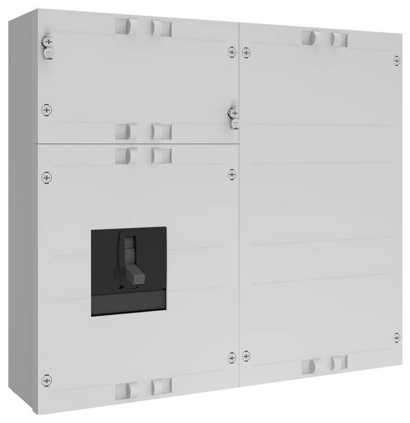 Eine weiße elektrische Sicherungskasten mit mehreren Panels und einem zentralen schwarzen Schalter, konzipiert zur Steuerung elektrischer Stromkreise.