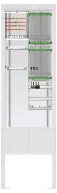 Technische Zeichnung einer elektrischen Verteilerdose mit verschiedenen beschrifteten Komponenten, einschließlich Anschlüssen und Sicherungsautomaten.