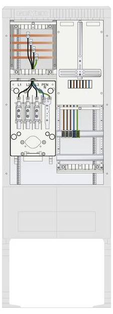 Innenansicht einer elektrischen Verteilungstafel mit angeschlossenen Leitungen, Sicherungsautomaten und Bezeichnungen L1, L2, L3, PE und N für die Stromverteilung.